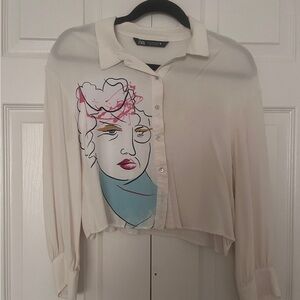 Zara Cream Artistic Print Women's Top